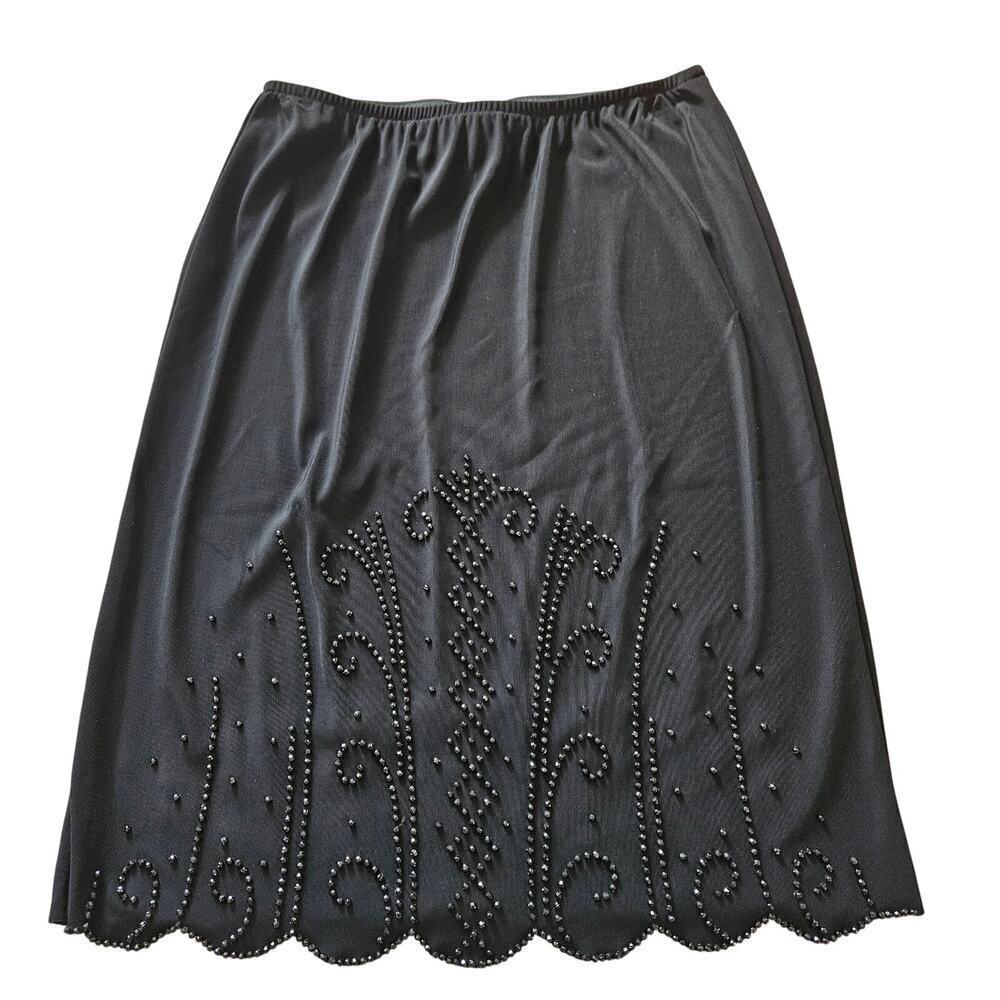 Vintage 90s J.R. NITES By CALIENDO Black Beaded Midi Skirt Elastic waist Size 14